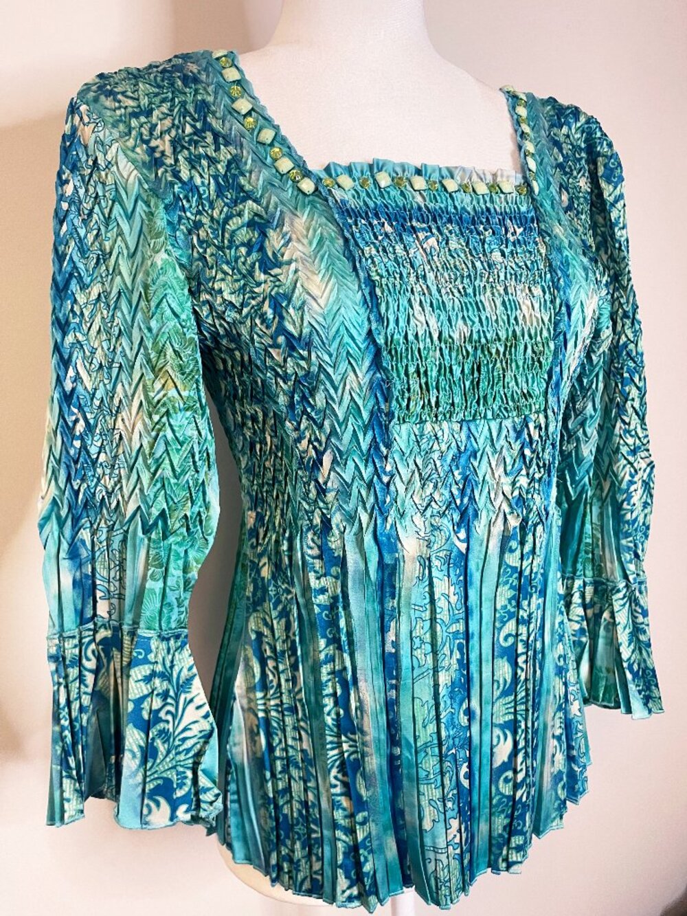 Laura Ashley Petite PL Blue Green Pleated Smocked Bell Sleeve Top